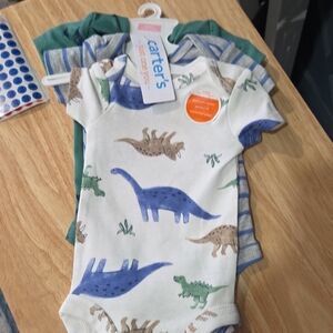 Carter's Dinosaur Print Baby Bodysuits - Blue, Green, Cream